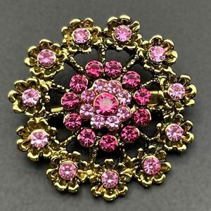Yellow Gold with Light and Dark Pink Sapphire Crystal Flower Pin Back Brooch